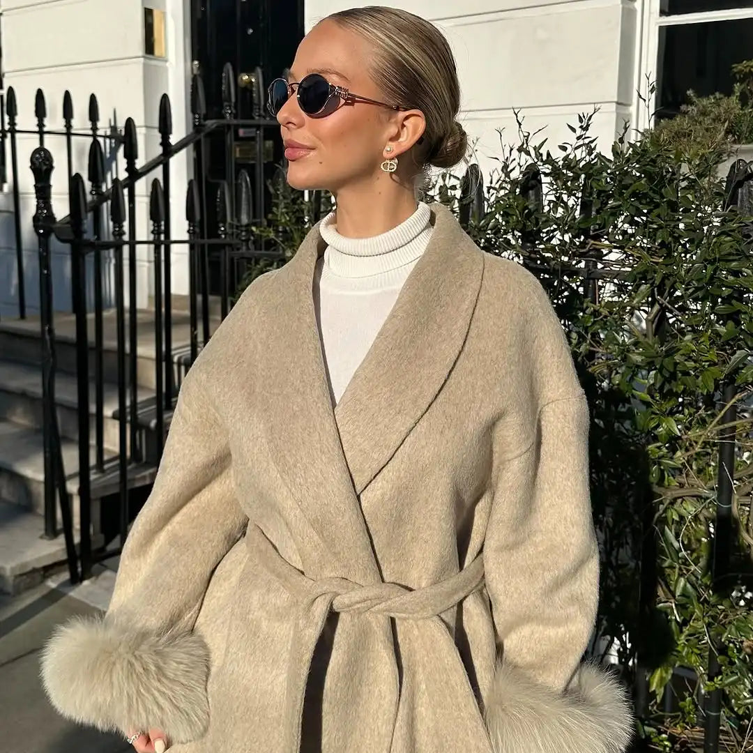 Women's Lace-Up Wool Coat | Furry Lapel Belted Short Jacket | Autumn Winter