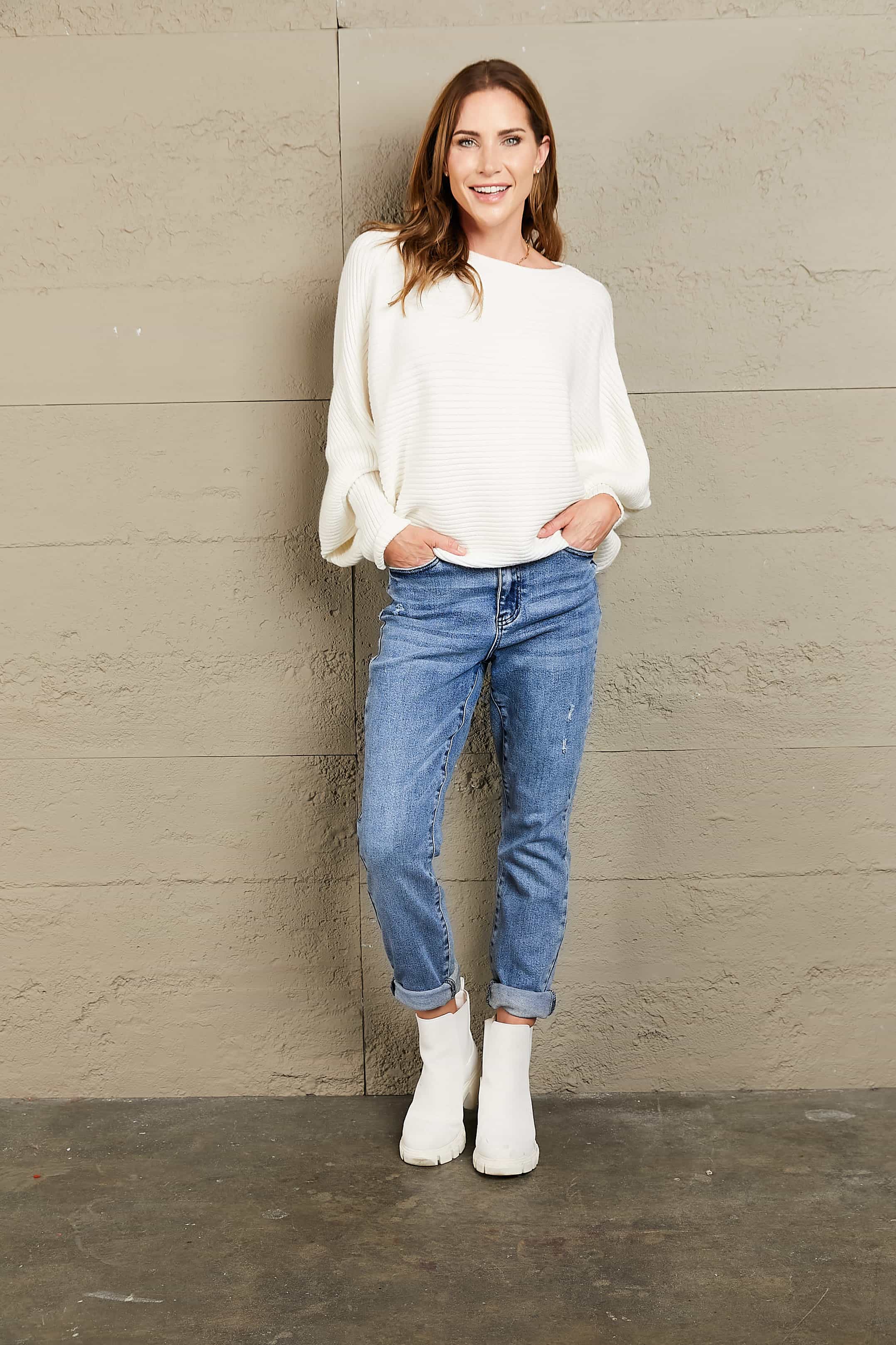 Woven Right Horizontal Ribbing Dolman Sleeve Sweater.