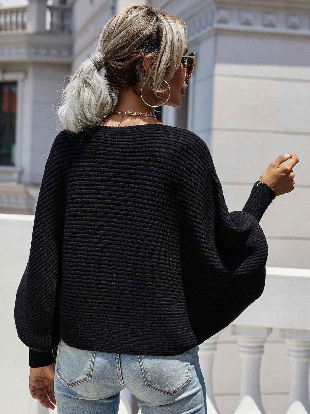 Woven Right Horizontal Ribbing Dolman Sleeve Sweater.