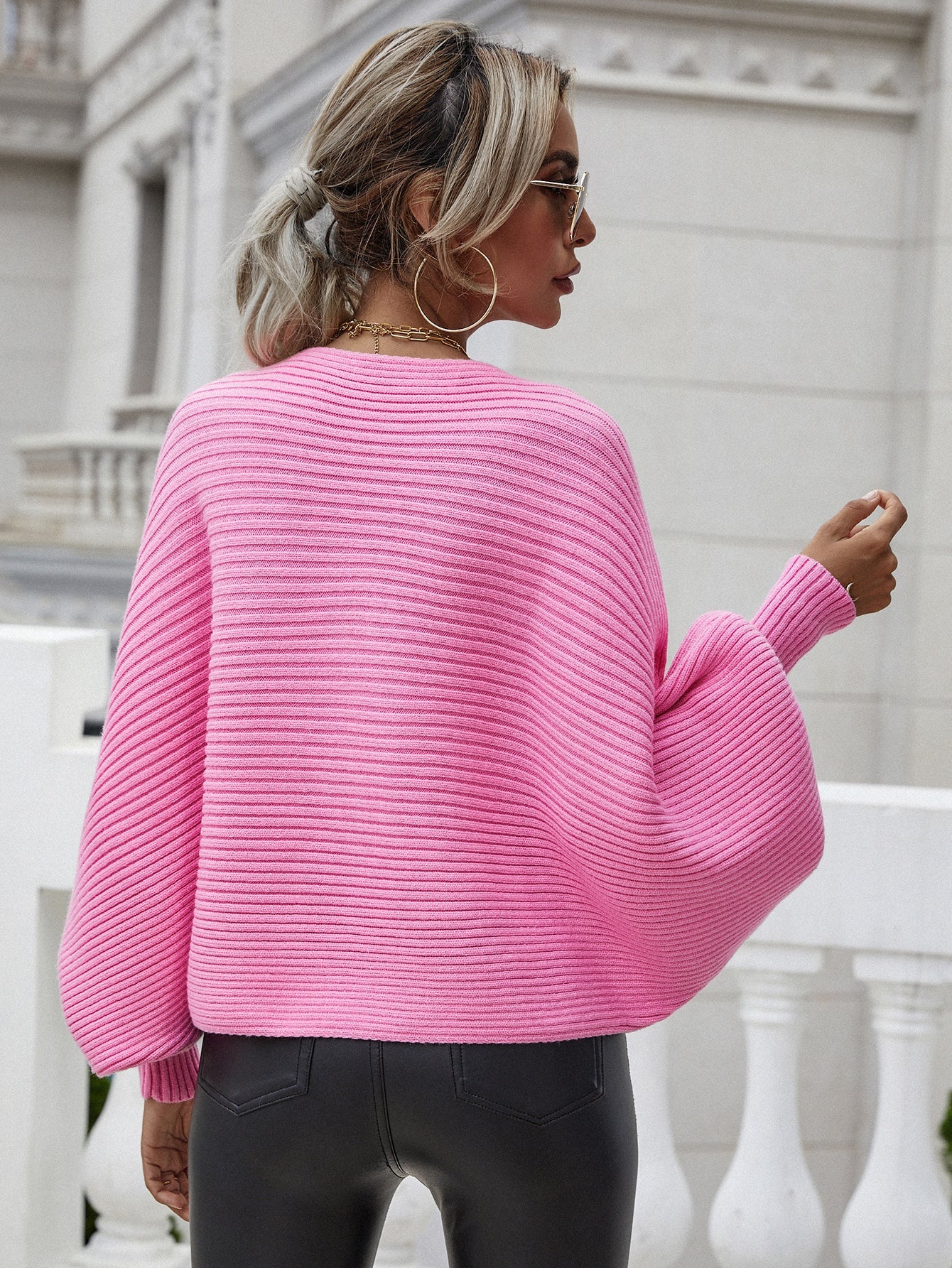 Woven Right Horizontal Ribbing Dolman Sleeve Sweater.